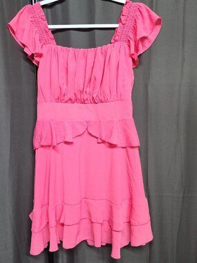 Byinns Womens L Pink Tiered Ruffle Mini Dress Square Neck Smocked Short Sleeve